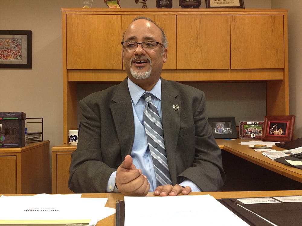 Eric Love sits in his new office in March on the second floor of Grace Hall at the University of Notre Dame. He now works on creating strategic plans and training to promote diversity across Notre Dame's campus.   