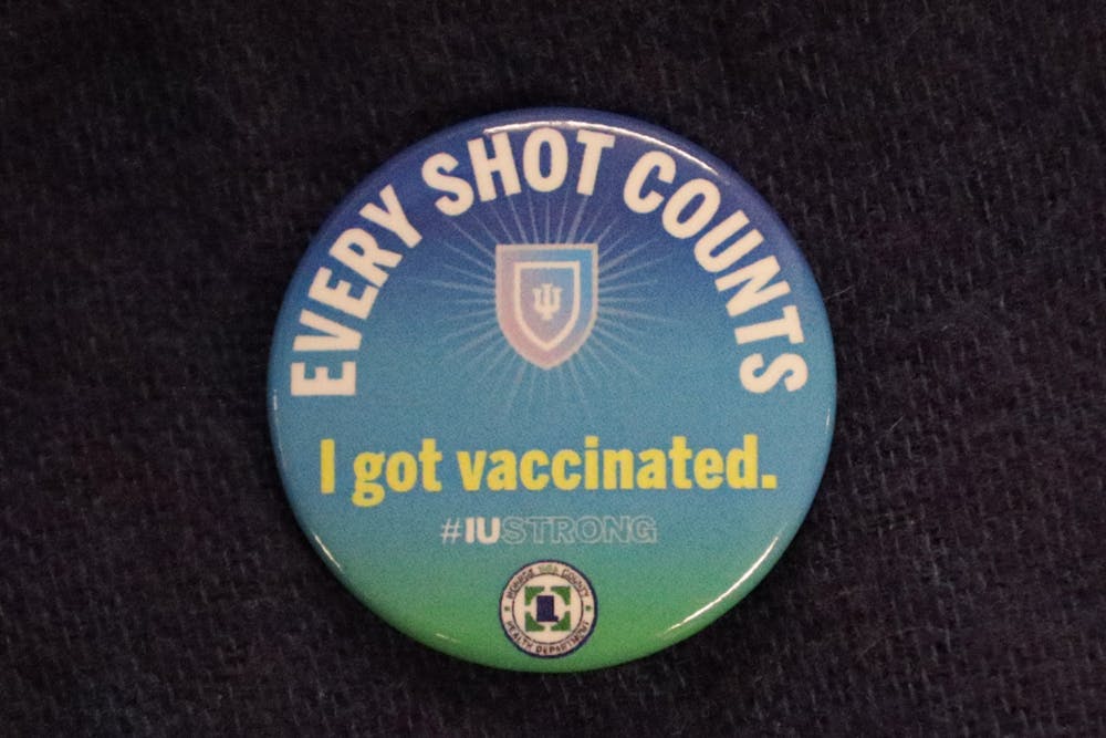 <p>An &quot;I got vaccinated&quot; pin is pictured Jan. 11. There are multiple vaccine sites throughout Bloomington. </p>
