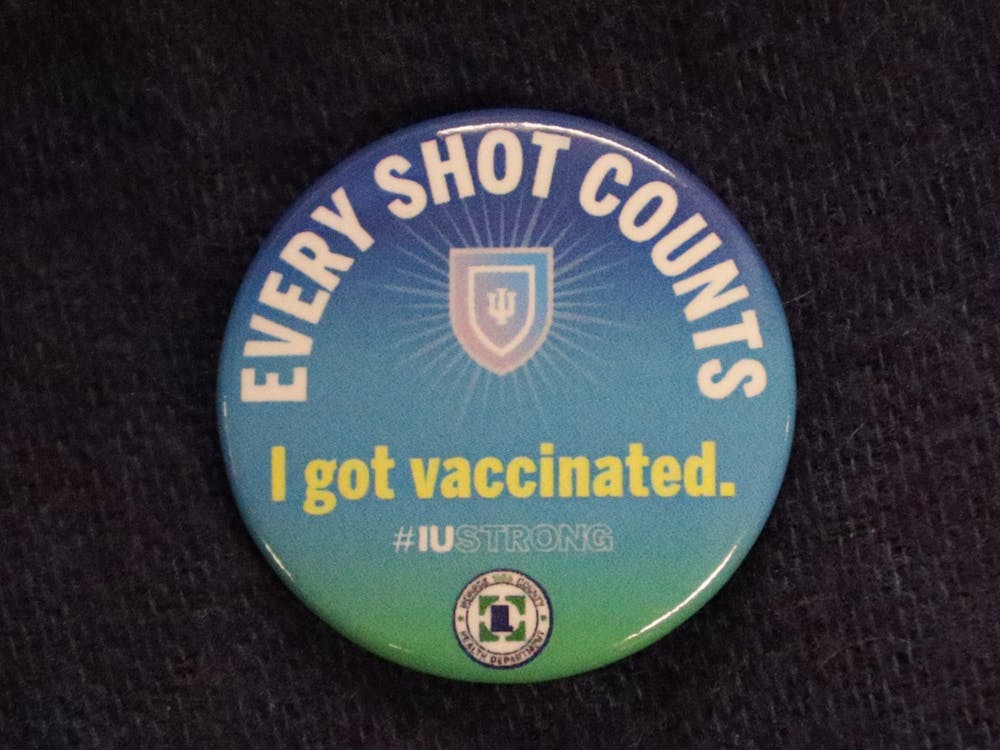 An &quot;I got vaccinated&quot; pin is pictured Jan. 11. There are multiple vaccine sites throughout Bloomington. 