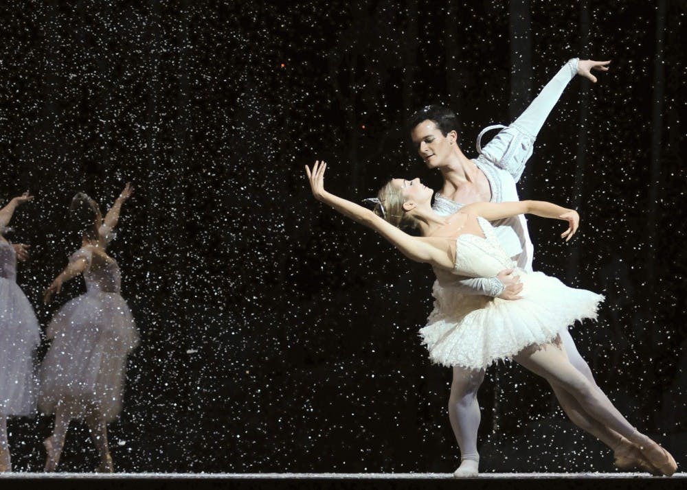 The Snow Queen, played by Caitlin Kirschenbaum, and the Snow Cavalier, played by Paul Dandridge, pose during the rehearsal of the snow scene for "The Nutcracker" in 2010 in the Musical Arts Center. In the original 1816 story, Clara receives a toy soldier nutcracker from her godfather.&nbsp;