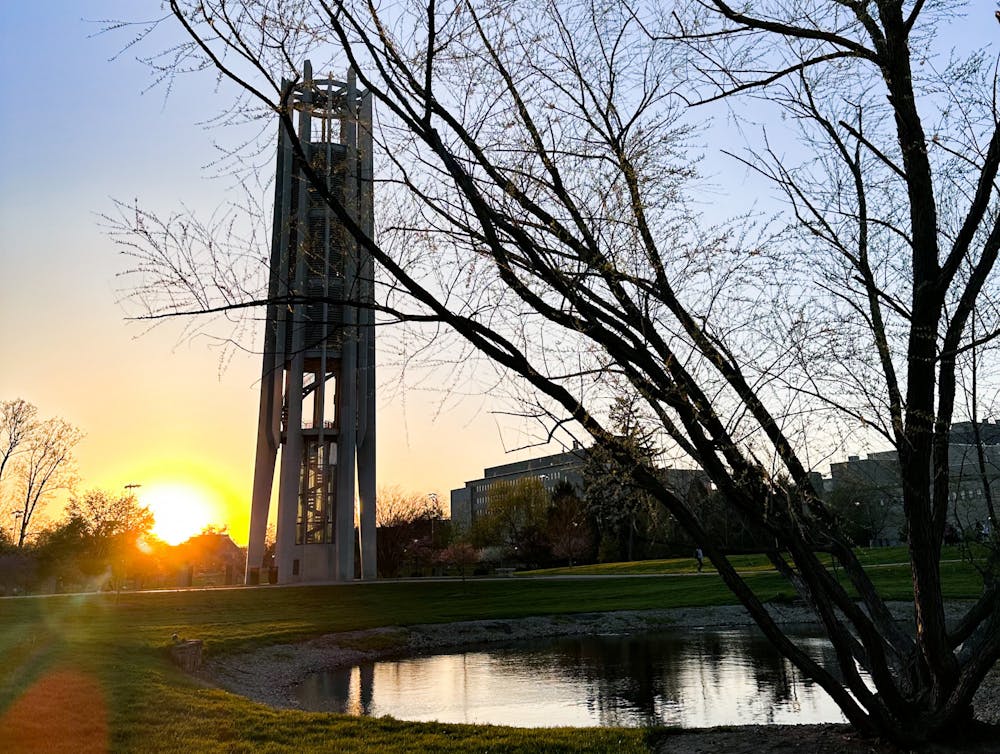 <p>The Metz Carillon Bell Tower is seen April 17, 2023, on the IU Campus. Many facilities will be closed for the summer as students leave campus over break. </p>