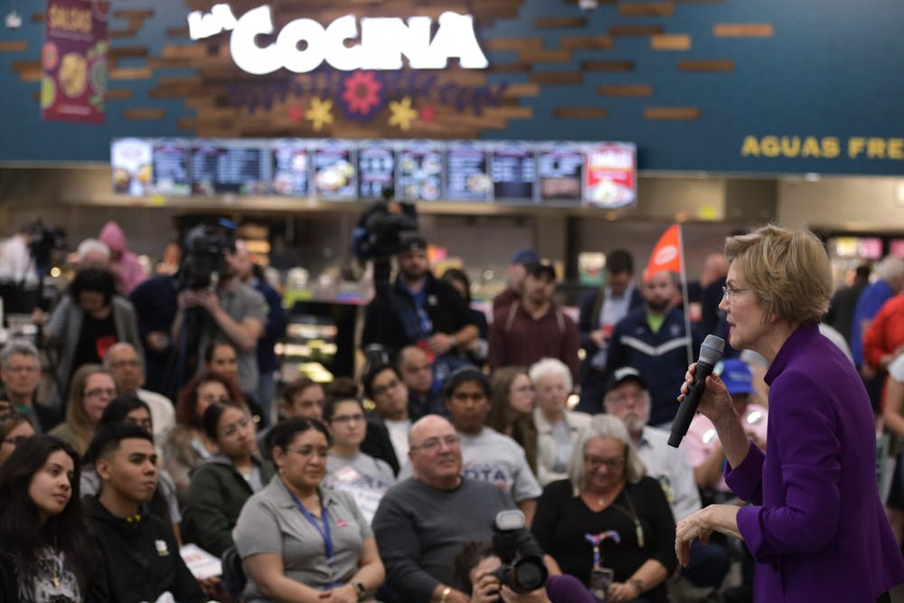 <p>Sen. Elizabeth Warren, D-Mass., speaks Feb. 17 during a Mi Familia Vota event at Cardenas Market in Las Vegas, Nevada.</p>