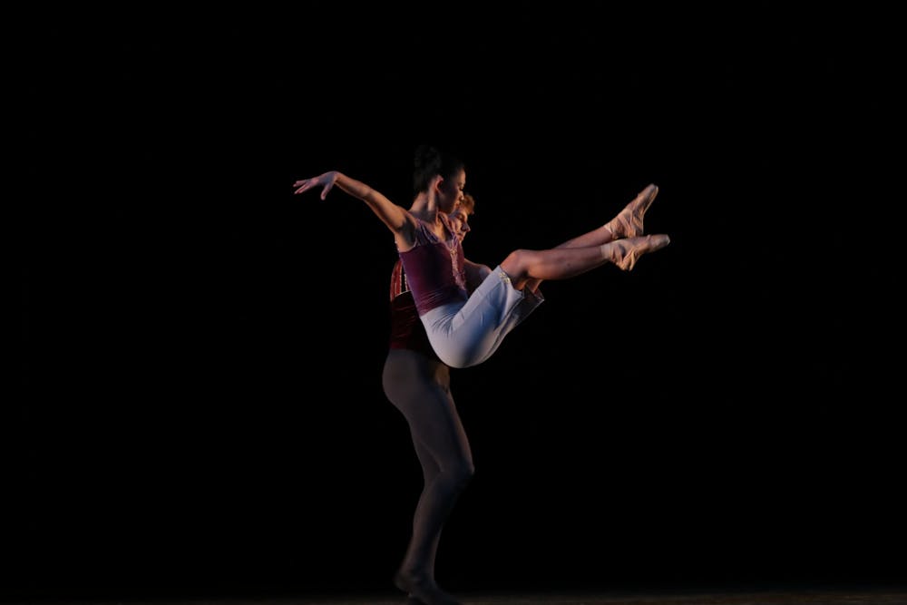 Two dancers perform during a dress rehearsal of “A Leap Forward” on Sept. 29, 2021, in the Musical Arts Center. The ballet was performed in four parts.