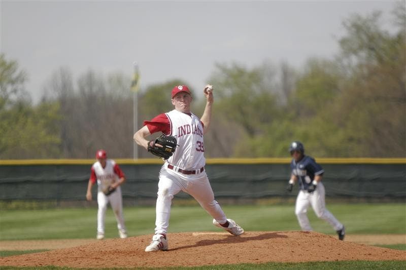 Freshman Reliever Drew Leininger throws the last pitch of the first game of IU's double header with Penn State on Saturday afternoon. This strike cemented the Hoosier's 12th strikeout.