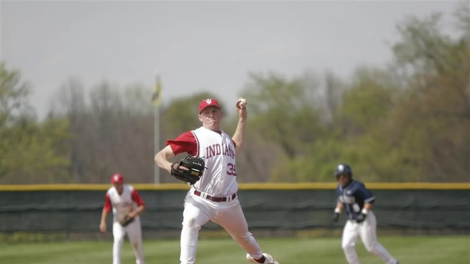 Freshman Reliever Drew Leininger throws the last pitch of the first game of IU's double header with Penn State on Saturday afternoon. This strike cemented the Hoosier's 12th strikeout.