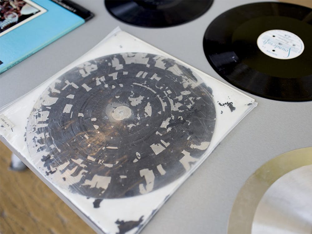 Examples of deteriorated media are seen before a tour of the Media Digitization and Preservation Initiative (MDPI) facility on Wednesday, Oct. 21, 2015, at the IU Innovation Center.