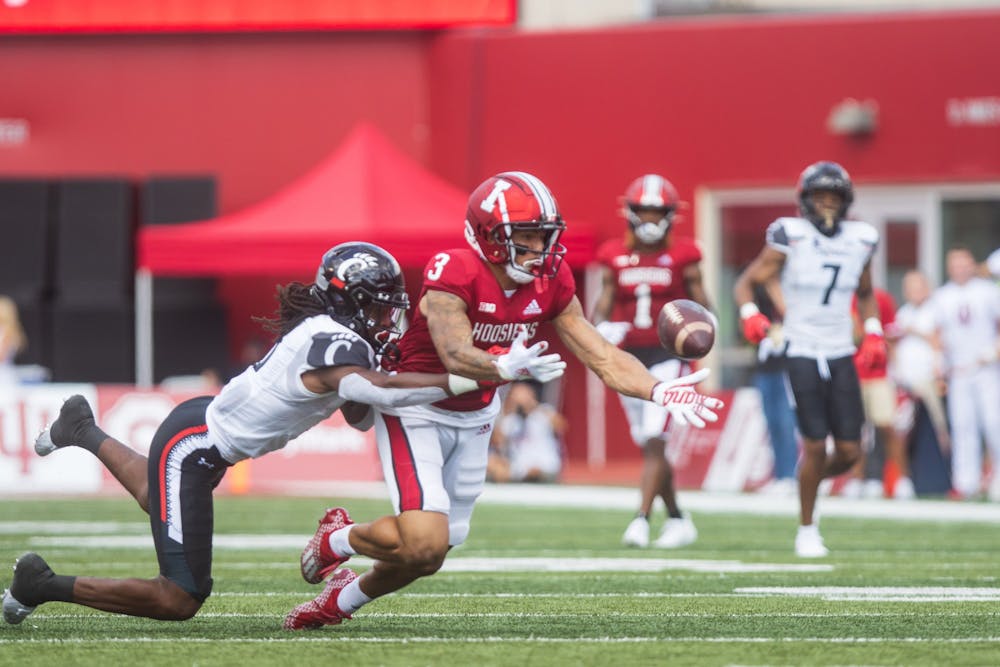 Senior wide reciever Ty Fryfogle attempts to dive for the catch Sept. 18, 2021, at Memorial Stadium. Indiana will play Ohio State at 7:30 p.m. Saturday in Bloomington.