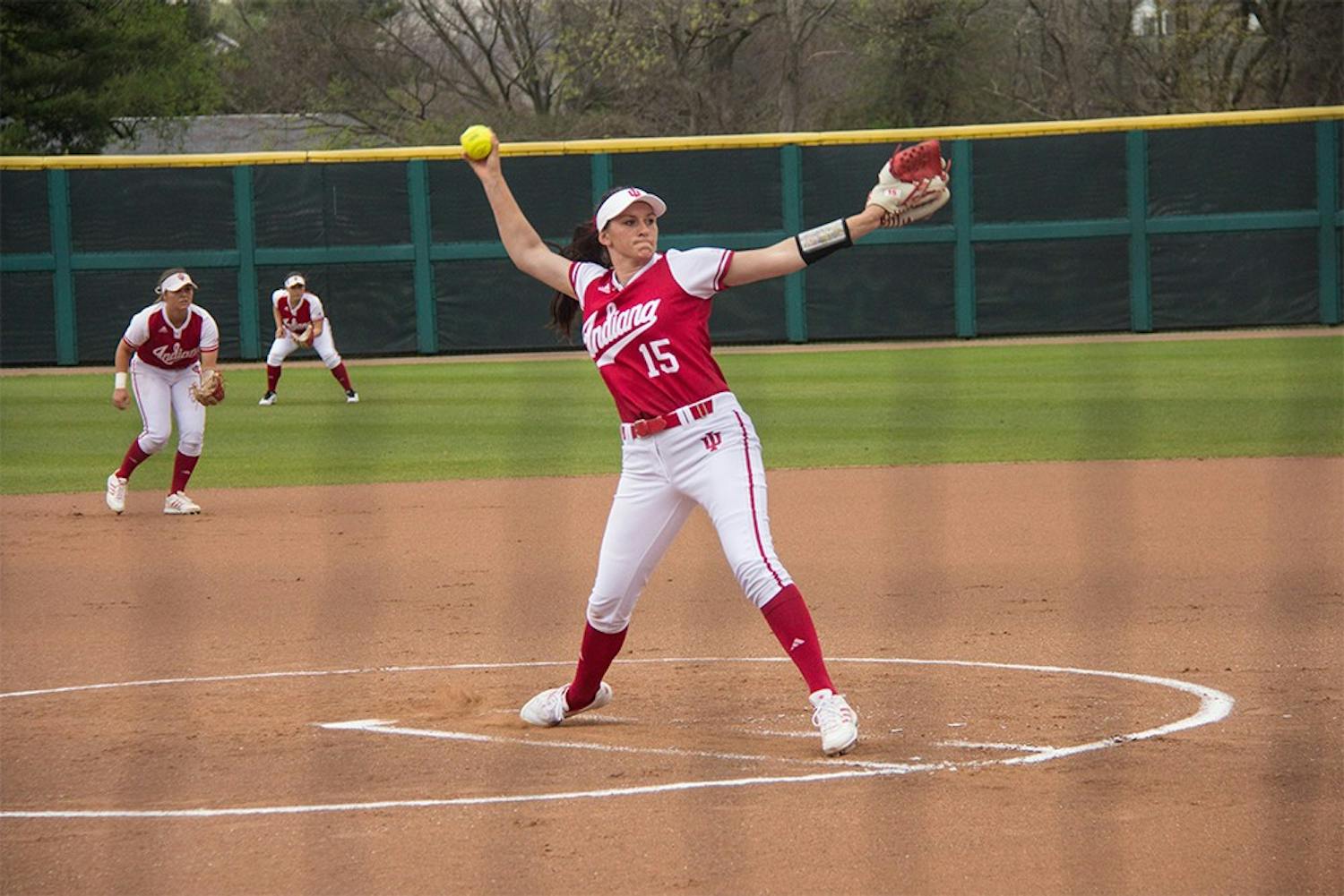 Sophomore pitcher Emily Kirk throws a pitch during last Wednesday against Ball State at Andy Mohr Field. 
