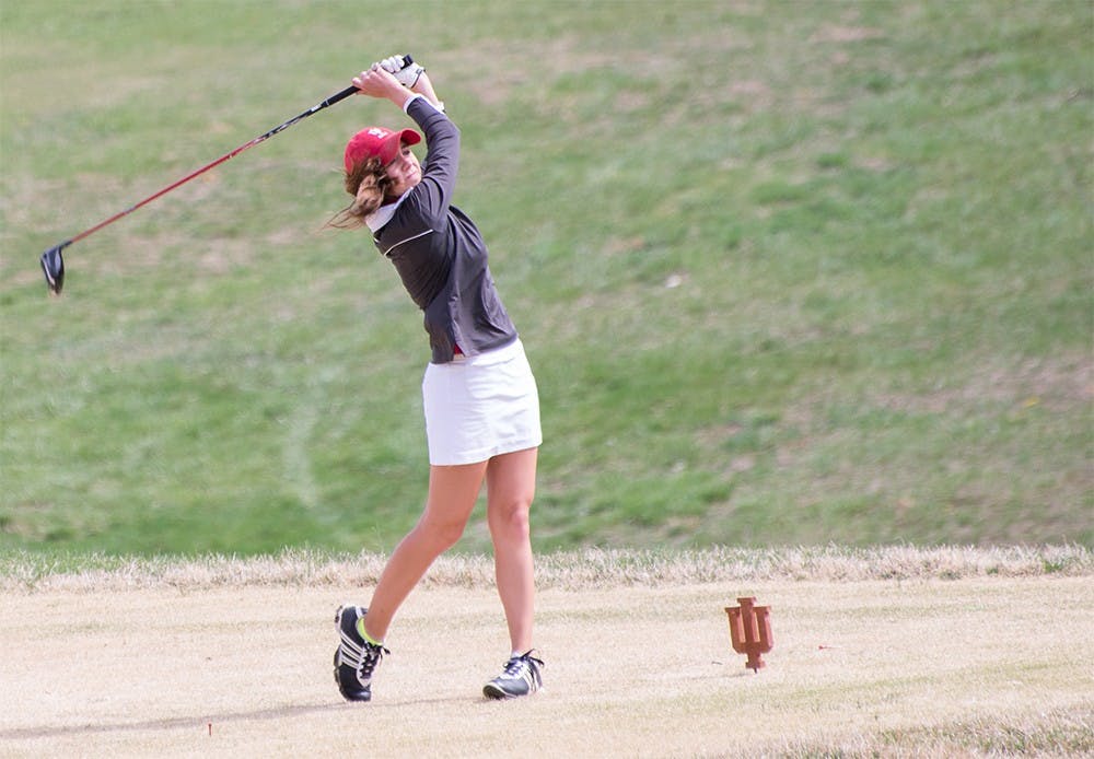 IU golfer Marissa DeCola tees off at the Indiana Invitational Sunday morning at the Indiana University Golf Course. The 54-hole tournament was one of Indiana's last chances to prepare for the 2013 Big Ten Championships, April 26-28 in French Lick.