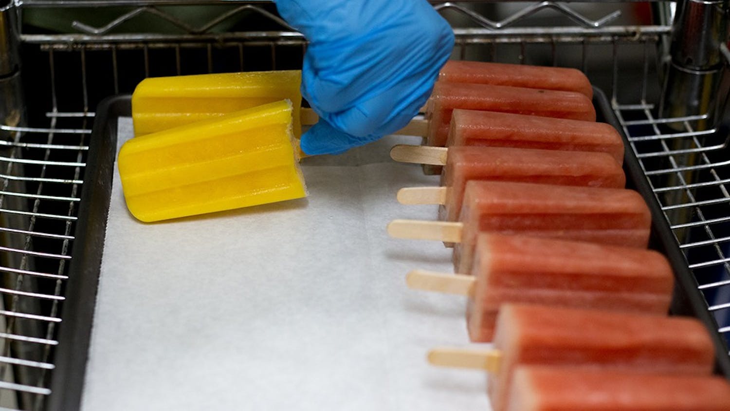 Linda Lewis lays out 'Mint Watermelon' and 'Mango' Rasta Pops on a baking sheet before returning them to the freezer for a final freeze. The ice pops are made nearly completely vegan and organic, Lewis says they just haven't yet found a reasonably-priced vegan option for Sweetened Condensed Milk-- a staple in the creamy 'Caramel with Coconut' pop.  
