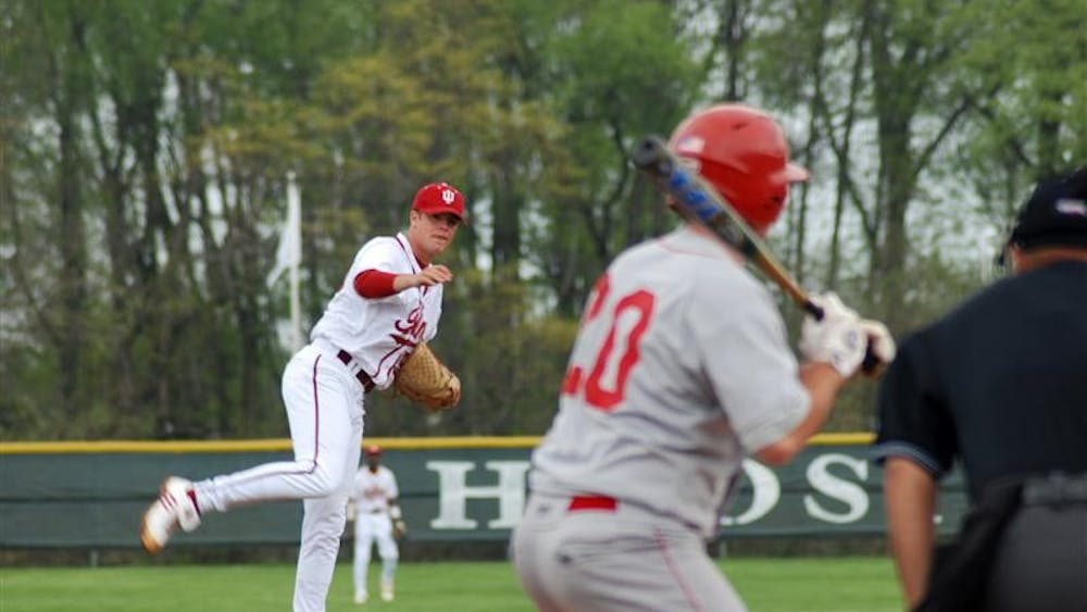 Redshirt sophomore Matt Carr pitches to Miami of Ohio's Eric Darlage during the first inning of the Hoosiers' 9-6 loss to the RedHawks on Tuesday afternoon at Sembower Field. Carr walked two runs home during a four-run fifth inning for the RedHawks, which upped the score to 6-2.