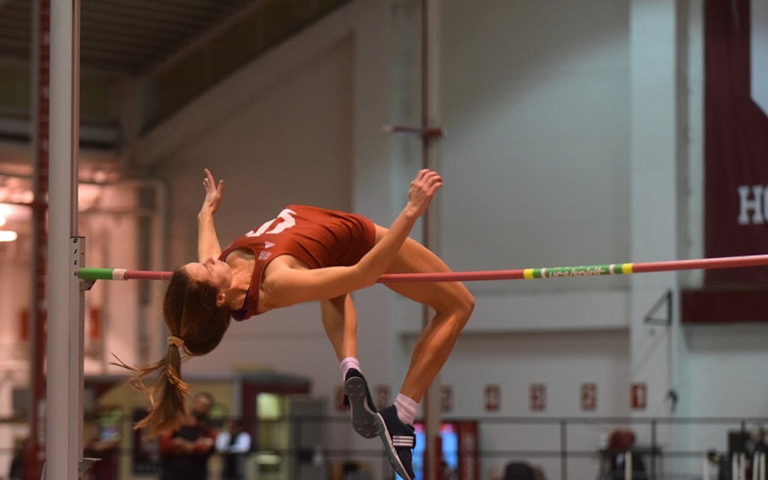 Current senior high jumper Rachel Mather competes in the high jump in the Hoosier Hills Invitational on Feb. 10, 2017, in Harry Gladstein Fieldhouse. Both men's and women's track and field teams will compete in the Gladstein Invitational on Jan. 19 and 20.