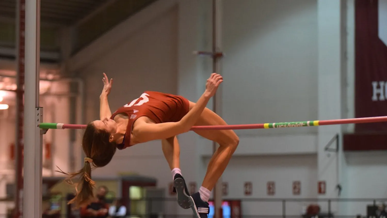 Current senior high jumper Rachel Mather competes in the high jump in the Hoosier Hills Invitational on Feb. 10, 2017, in Harry Gladstein Fieldhouse. Both men's and women's track and field teams will compete in the Gladstein Invitational on Jan. 19 and 20.