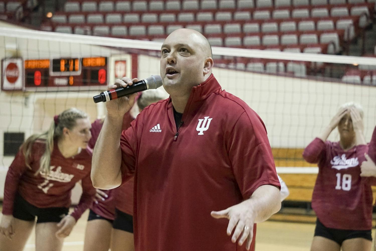 IU women’s volleyball head coach Steve Aird hypes the crowd up for the 2018 Cream &amp; Crimson scrimmage at Simon Skjodt Assembly Hall. All fall sports were postponed Aug. 12by the Big Ten Conference.