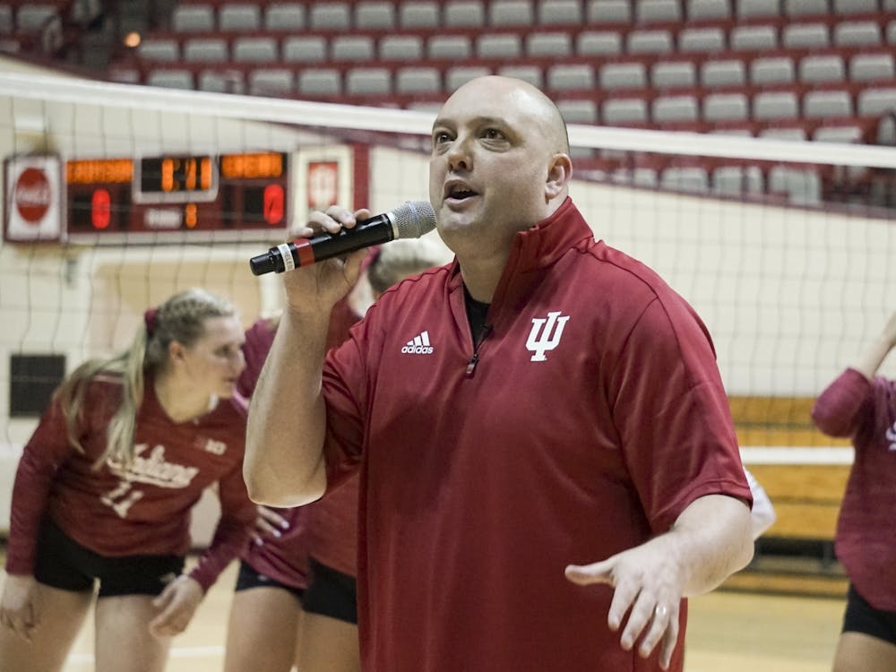 IU women’s volleyball head coach Steve Aird hypes the crowd up for the 2018 Cream &amp; Crimson scrimmage at Simon Skjodt Assembly Hall. All fall sports were postponed Aug. 12by the Big Ten Conference.