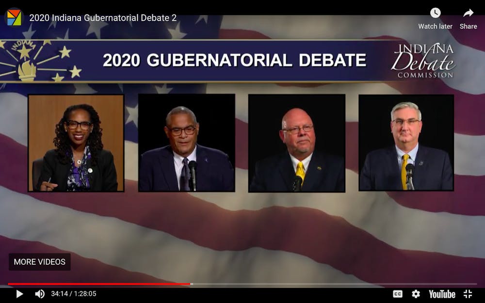 <p>A screen grab from the Indiana Gubernatorial debate Tuesday night.</p>