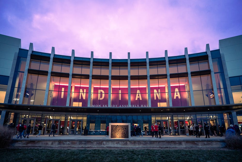 Blue hour sets in as fans enter Simon Skjodt Assembly Hall. Indiana men's basketball announced its 2023-24 Big Ten schedule Tuesday afternoon.