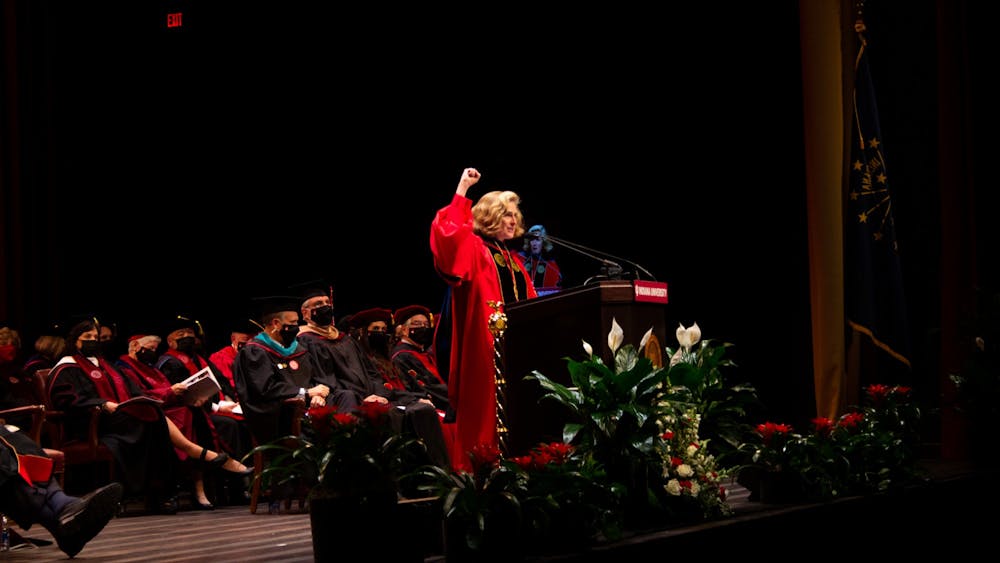 IU President Pamela Whitten delivers a speeh during her inauguration Nov. 4, 2021, in the IU Auditorium. Indiana Univeristy -Purdue University Indianapolis will also have a celebration in honor of her inauguration at 1:30 p.m. Nov. 5 at the IUPUI Campus Center.