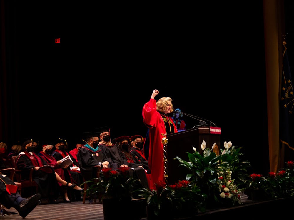 IU President Pamela Whitten delivers a speeh during her inauguration Nov. 4, 2021, in the IU Auditorium. Indiana Univeristy -Purdue University Indianapolis will also have a celebration in honor of her inauguration at 1:30 p.m. Nov. 5 at the IUPUI Campus Center.