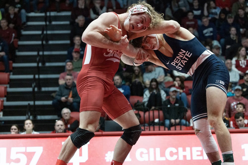 <p>Junior Derek Gilcher battles against Penn State freshman Levi Haines at IU&#x27;s Wilkinson Hall on Feb. 5, 2023. Glicher is one of four Hoosiers to compete in the NCAA Tournament.</p>