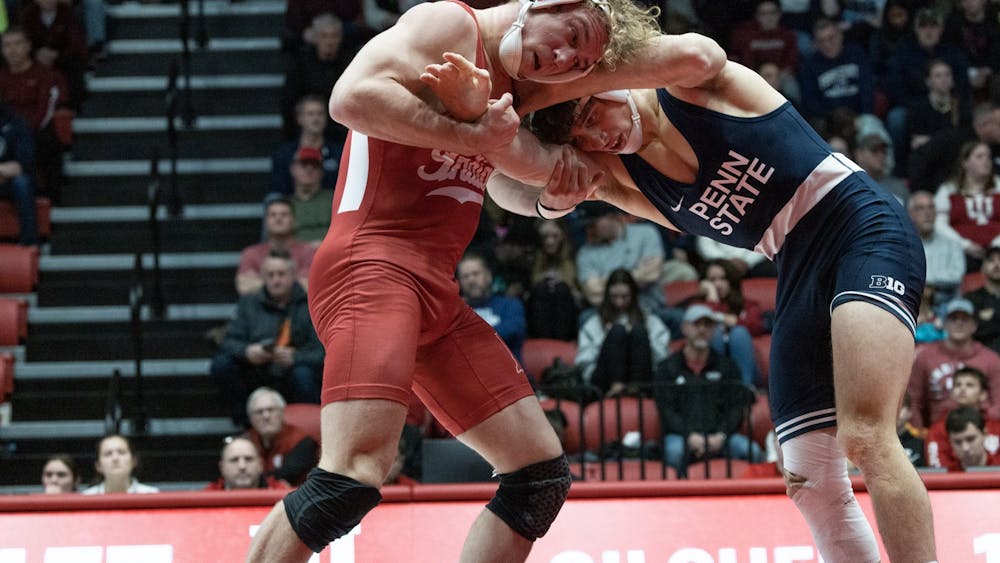 Junior Derek Gilcher battles against Penn State freshman Levi Haines at IU&#x27;s Wilkinson Hall on Feb. 5, 2023. Glicher is one of four Hoosiers to compete in the NCAA Tournament.