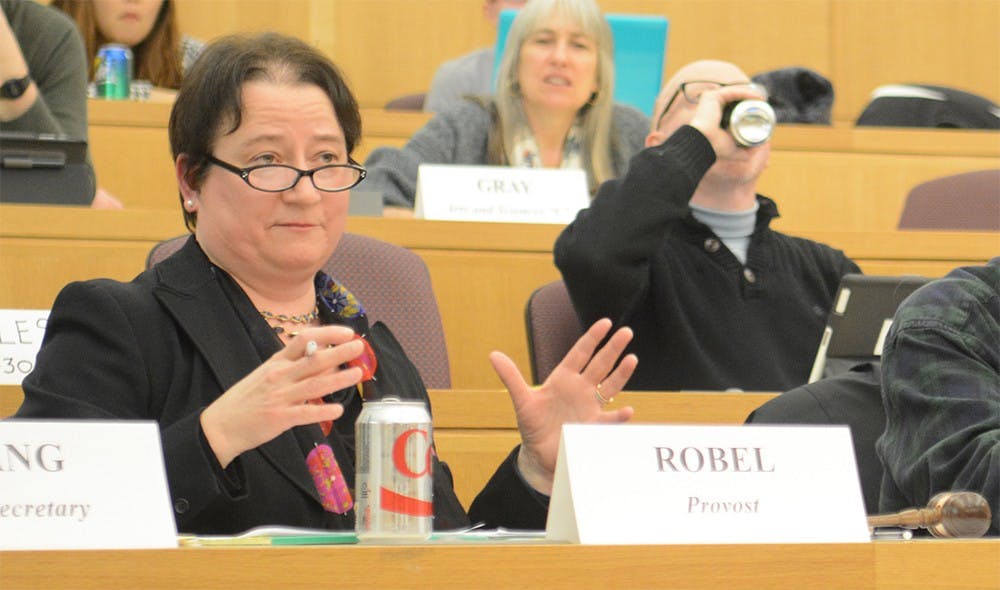 Lauren Robel, administrative member of The Bloomington Faculty Council speaks during the Bloomington Faculty Council meeting held at the Kelley School of Business on Feb. 17, 2015.