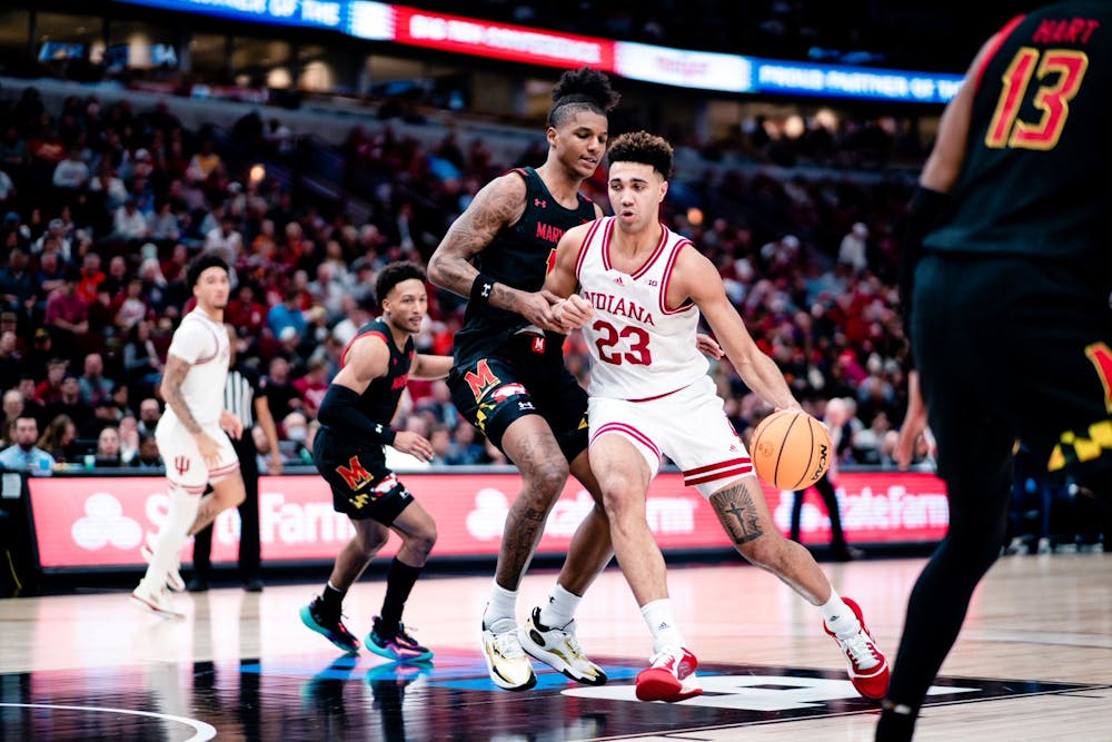 <p>Senior forward Trayce Jackson-Davis drives to the basket on March 10, 2023, at the United Center in Chicago. Indiana defeated Maryland 70-60.</p>