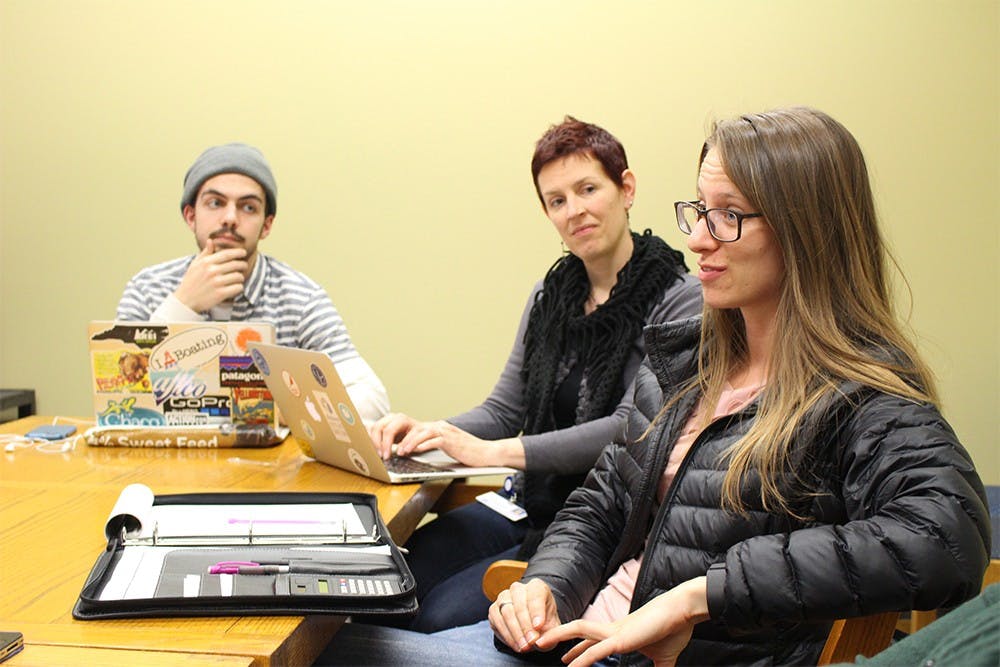 Andrea Jobe, a Bring Your Bag Bloomington member, addresses the group at the April 11, 2016 meeting. Jobe cleans a creek located near Barrington Drive, where she said she finds plastic bag litter.