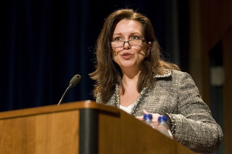 Mary Beth Long speaks Tuesday evening at Whittenberger Auditorium at the Memorial Union. Long discussed various foreign policy challenges that the Obama administration will be facing in the coming years.