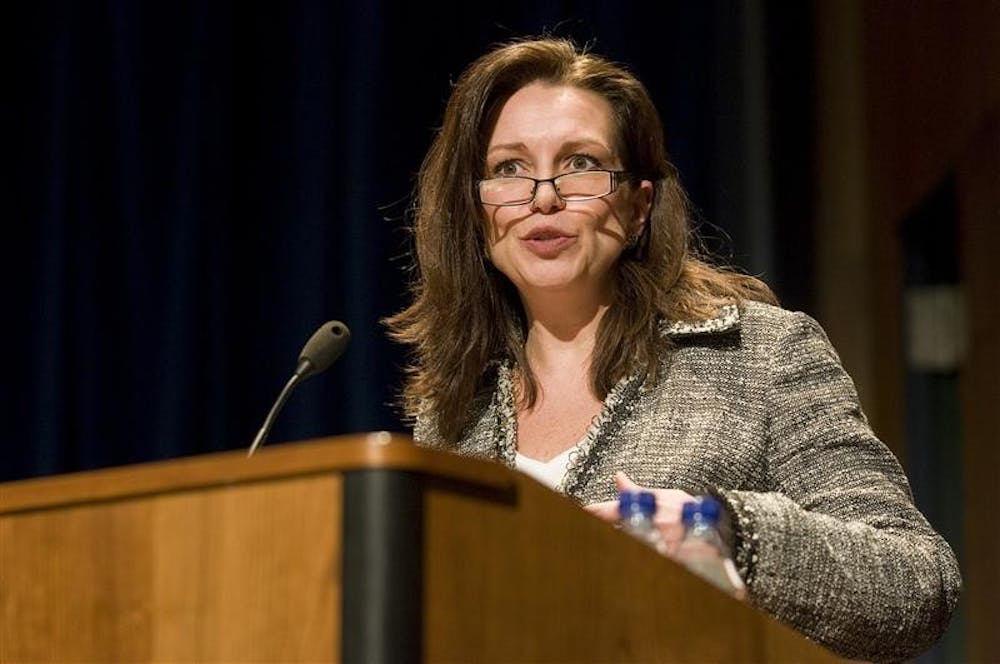 Mary Beth Long speaks Tuesday evening at Whittenberger Auditorium at the Memorial Union. Long discussed various foreign policy challenges that the Obama administration will be facing in the coming years.