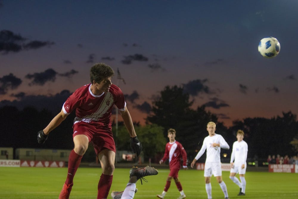 <p>Then-freshman Daniel Munie heads a ball back towards the University of Evansville’s goal on Oct. 22, 2019, at Bill Armstrong Stadium. Indiana will face Rutgers in the Big Ten Tournament championship game Sunday. </p>