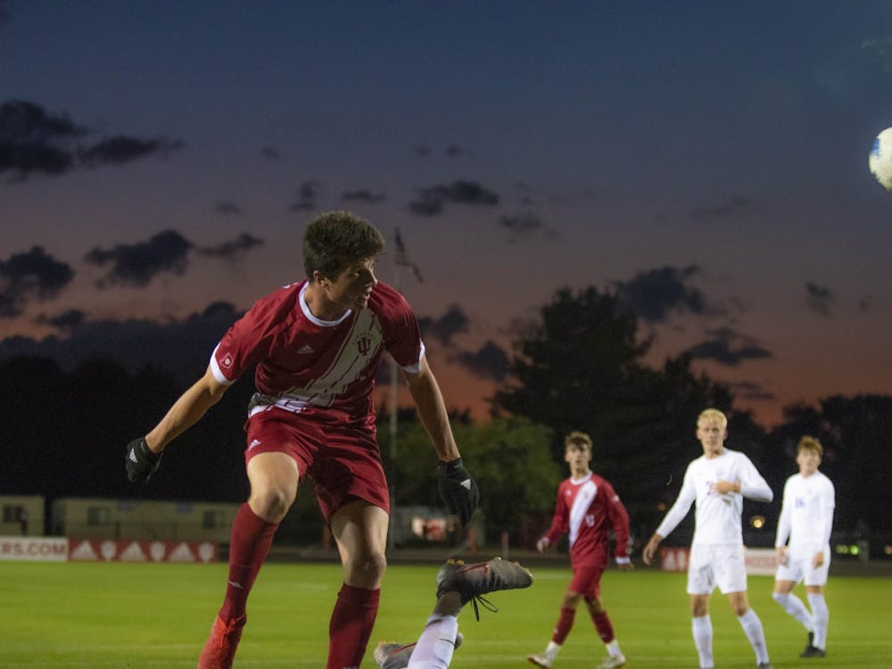 Then-freshman Daniel Munie heads a ball back towards the University of Evansville’s goal on Oct. 22, 2019, at Bill Armstrong Stadium. Indiana will face Rutgers in the Big Ten Tournament championship game Sunday. 