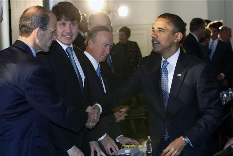 President-elect Barack Obama, right, greets Maine Gov. John Baldacci, left, at the Bipartisan meeting of the National Governor's Association on Tuesday at Congress Hall in Philadelphia, Pa. Looking on are,  Illinois Gov. Rob Blagojevich, left cente, and Gov. of Indiana, Mitch Daniels, center.