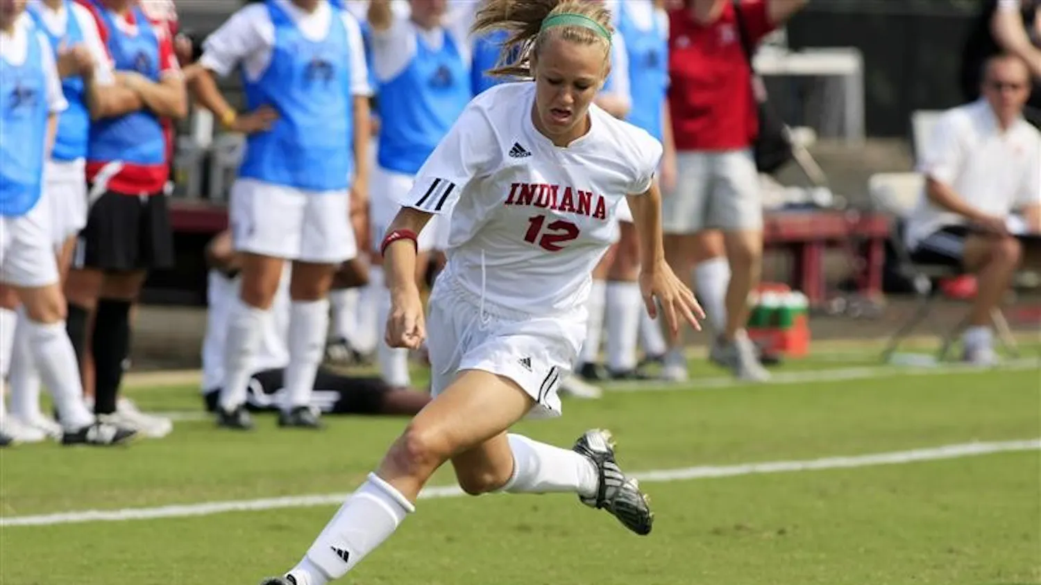 Sophomore Leigh Anne Cummings plays the ball during Sunday's game against Loyola University Chicago at Bill Armstrong Stadium.