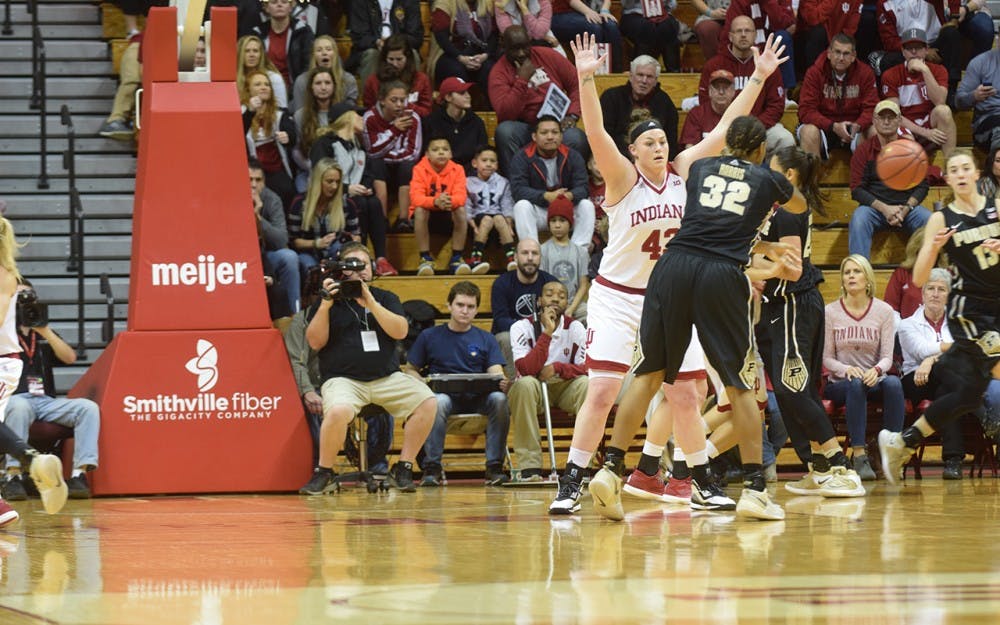 Senior center Jenn Anderson defends Purdue's Ae'Rianna Harris on Thursday, Jan. 19 in Assembly Hall. Anderson shot 7-8 from the field and scored 14 points in IU's win over Wisconsin Sunday.