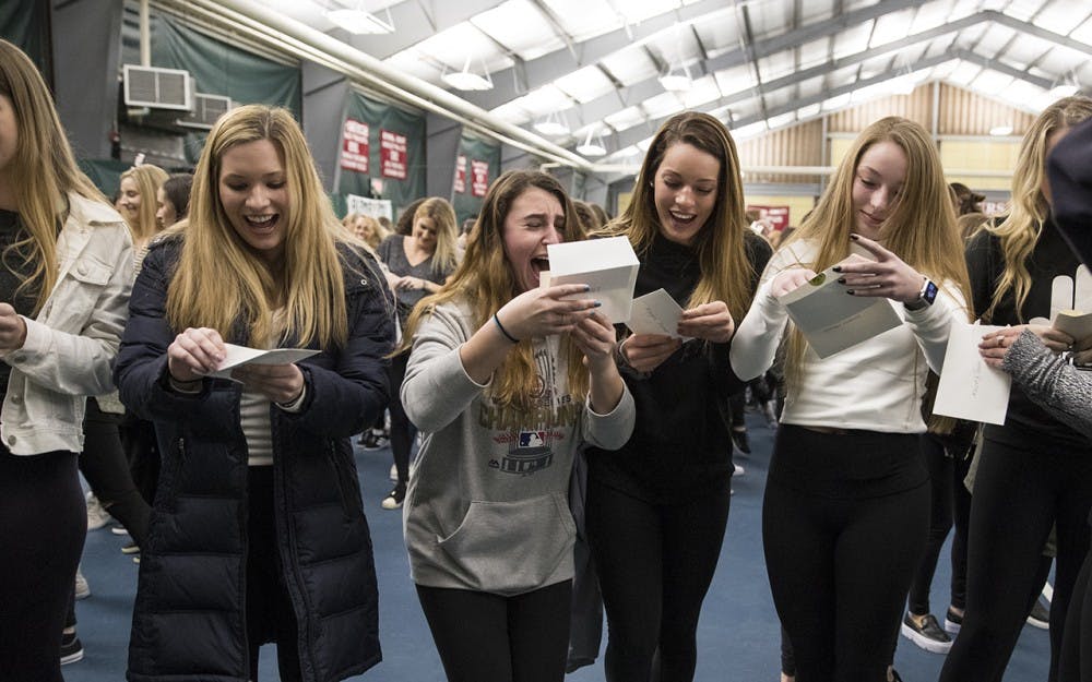 Foster Harper floor seven open their bids at Sorority Bid Night at the IU Tennis Center on January 17, 2017.