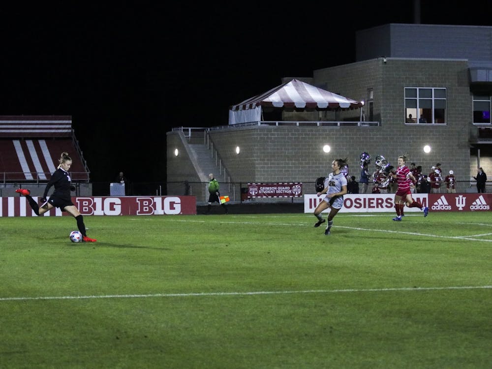 Then-freshman goalkeeper Jamie Gerstenberg kicks the ball to the other side of the field Sept. 23, 2021, in Bill Armstrong Stadium. Gerstenberg has blocked multiple shots from opposing teams, continuing Indiana&#x27;s 6 game shutout streak.