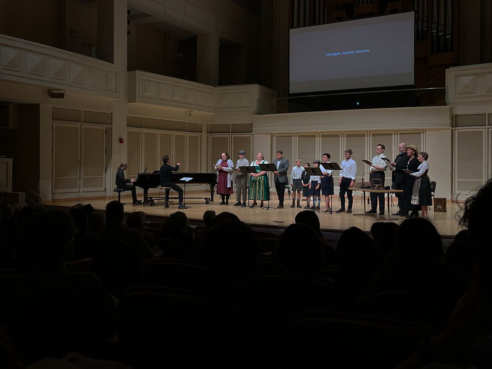 An audience watches a semi-staged performance of Act I from &quot;The Mensch,&quot; a new in-progress opera by Lauren Bernofsky, at 8 p.m. Sept. 6 in Auer Hall. The opera told the story of Anton Schmid — an Austrian man who saved nearly 300 Jewish people during the Holocaust. 