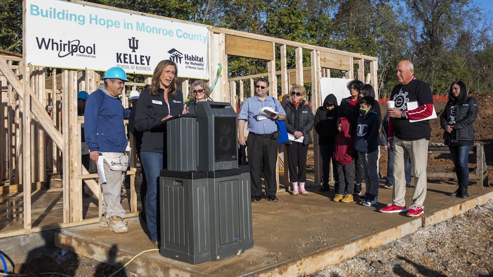 Wendi Goodlett, CEO of Habitat for Humanity of Monroe County, spoke at the ceremony Oct. 16, 2021, at Osage Place in Bloomington. On Oct. 5, construction started on the 12th home resulting from the 12-year partnership between The Kelley School of Business, Whirlpool Corporation and Habitat for Humanity of Monroe County.