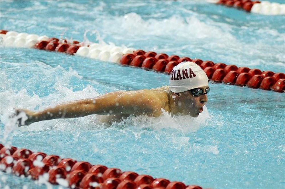 IU freshman Tyler Shedron swims in a butterfly heat during a double dual meet against Ohio State and Missouri Jan. 17 at the Counsilman-Billingsley Aquatic Center. Shedron finished seventh in the 200 butterfly later in the day.