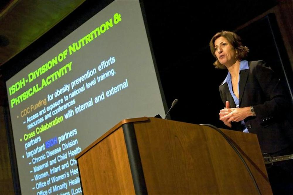 JoEllen Vrazel, Director of the Division of Nutrition and Physical Activity for the Indiana State Department of Health speaks about "Resources to Help Build Health Promoting Schools" Wednesday afternoon in Whittenberger Auditorium as part of the INshape 2008 conference.