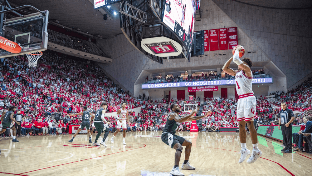 IU senior guard Rob Phinisee takes a jump shot in the second half of the game against Eastern Michigan University on Nov. 9, 2021, at Assembly Hall. The Hoosiers opened the season with a 68-62 win over Eastern Michigan.