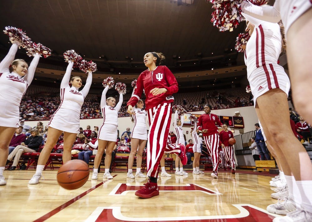 <p>IU runs onto the court at the beginning of the Hoosiers' game against the Michigan State Spartans on Dec. 28 at Simon Skjodt Assembly Hall. IU plays Northwestern on Sunday afternoon.</p>