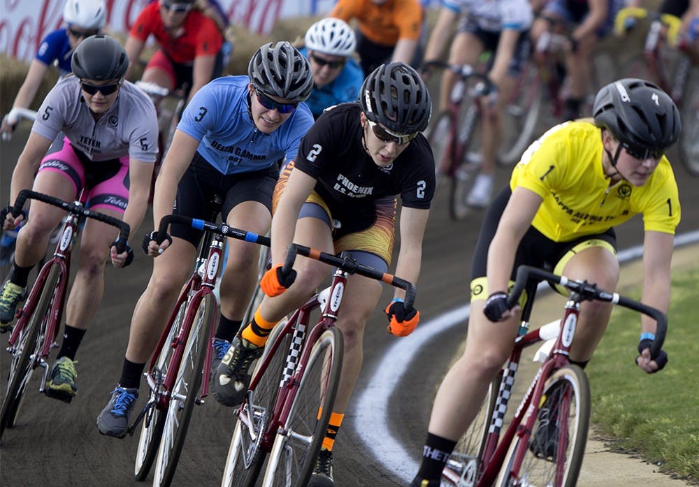 A Kappa Alpha Theta rider leads at the halfway point of the 29th women's Little 500 on Friday.