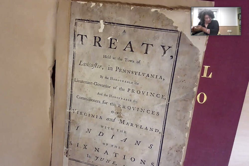 <p>Lilly Library librarian Ursula Romero explains the context of a historical treaty between colonial settlers and Native American nations Oct. 25, 2021, on a Zoom webinar. The presentation was part of Lilly Library&#x27;s &quot;Whose History?: Native American History&quot; exhibit. </p>