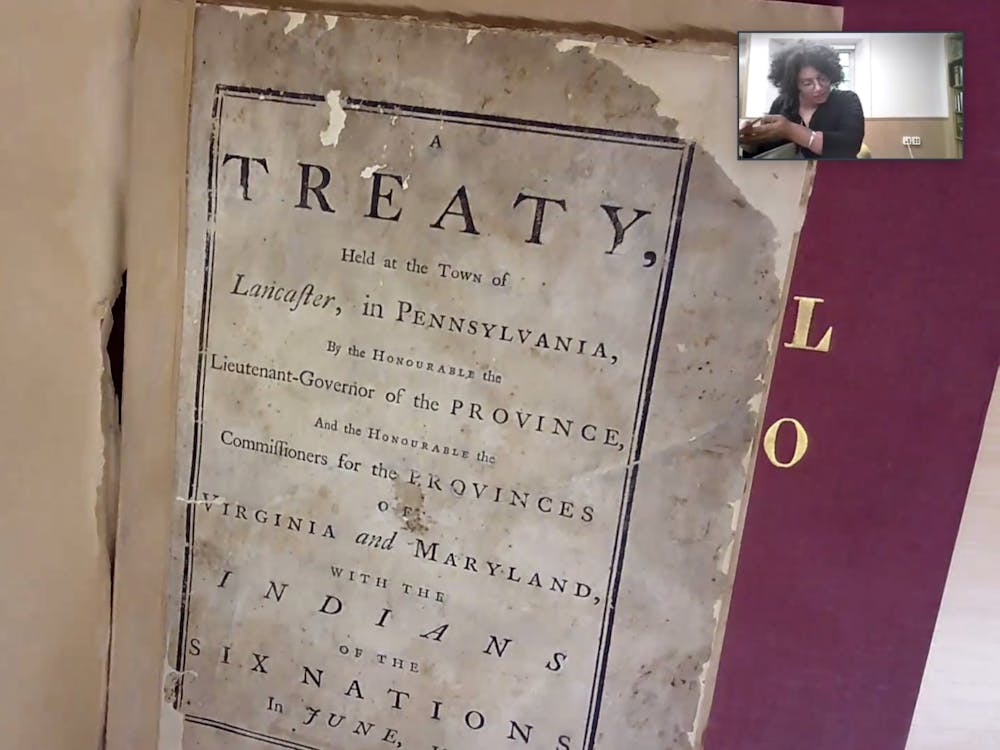 Lilly Library librarian Ursula Romero explains the context of a historical treaty between colonial settlers and Native American nations Oct. 25, 2021, on a Zoom webinar. The presentation was part of Lilly Library&#x27;s &quot;Whose History?: Native American History&quot; exhibit. 