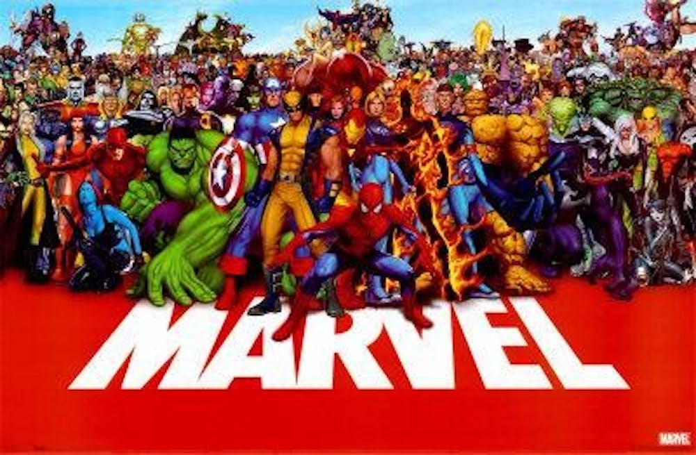 A poster shows many Marvel characters.