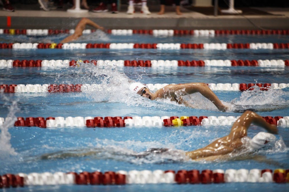 <p>Then-freshman Michael Brinegar swims the 1650-yard freestyle Nov. 17, 2018, at Counsilman-Billingsley Aquatic Center. Freshman Mariah Denigan came in second place in the 10K at the USA Swimming Open Water Nationals over the weekend.<br/></p>