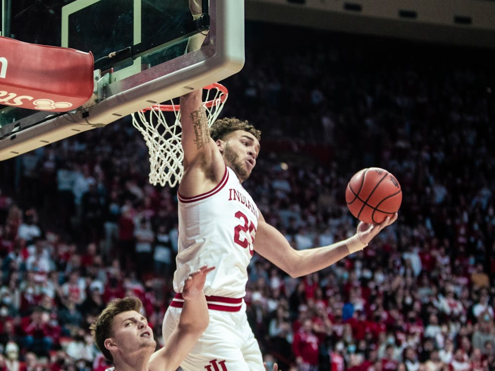 Senior forward Race Thompson grabs a rebound during the first half against Penn State on Jan. 26, 2022, at Simon Skjodt Assembly Hall. Indiana will play Wyoming at 9:10 p.m. on March 15, 2022, in Dayton, Ohio.