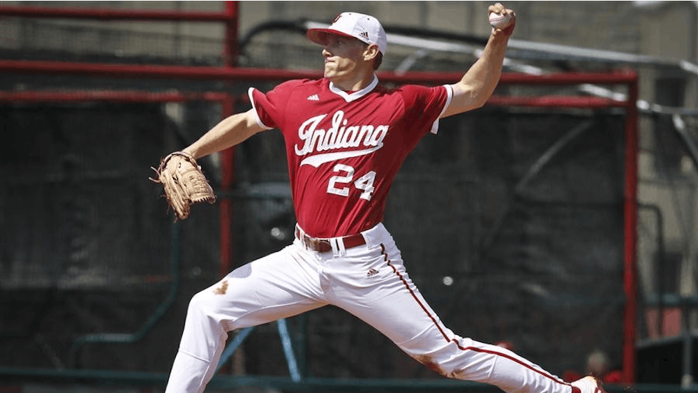 Senior pitcher Drew Leininger throws the ball during IU's 10-5 win against Iowa on Sunday at Sembower Field.